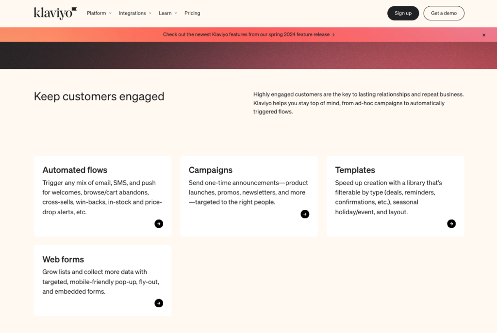 A section of the Klaviyo website, highlighting features that help keep customers engaged. 